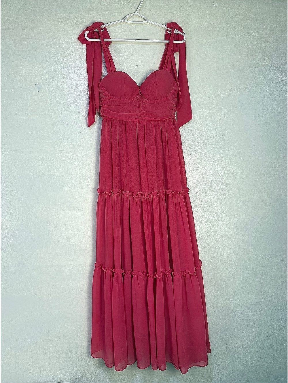 Azalea & Me Pink Tiered Maxi Dress with Tie Shoulder Straps Size S